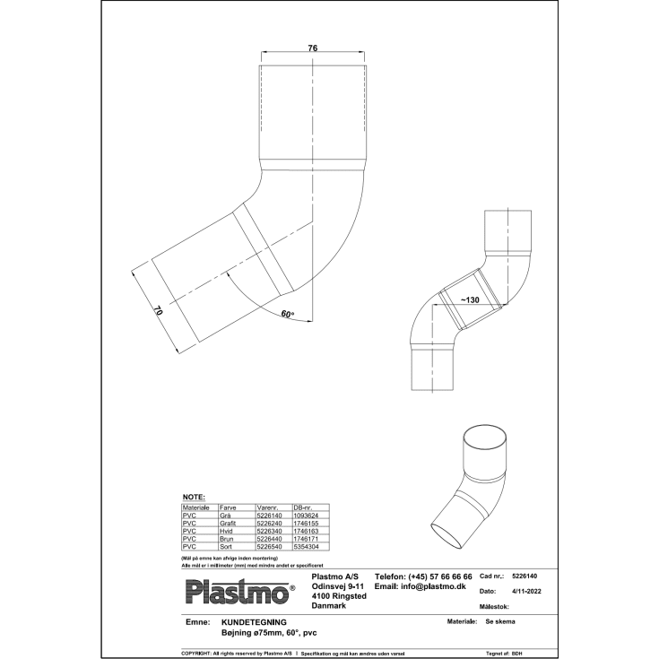 Plastmo 60° bøjning i sort med Ø75 mm nedløb