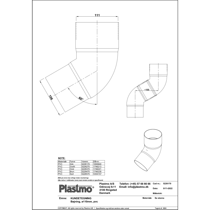 Plastmo bøjning 60 grader / 110 mm, sort