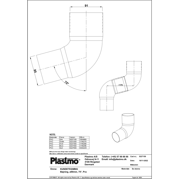 Plastmo 75° bøjning i grafit med Ø90 mm nedløb