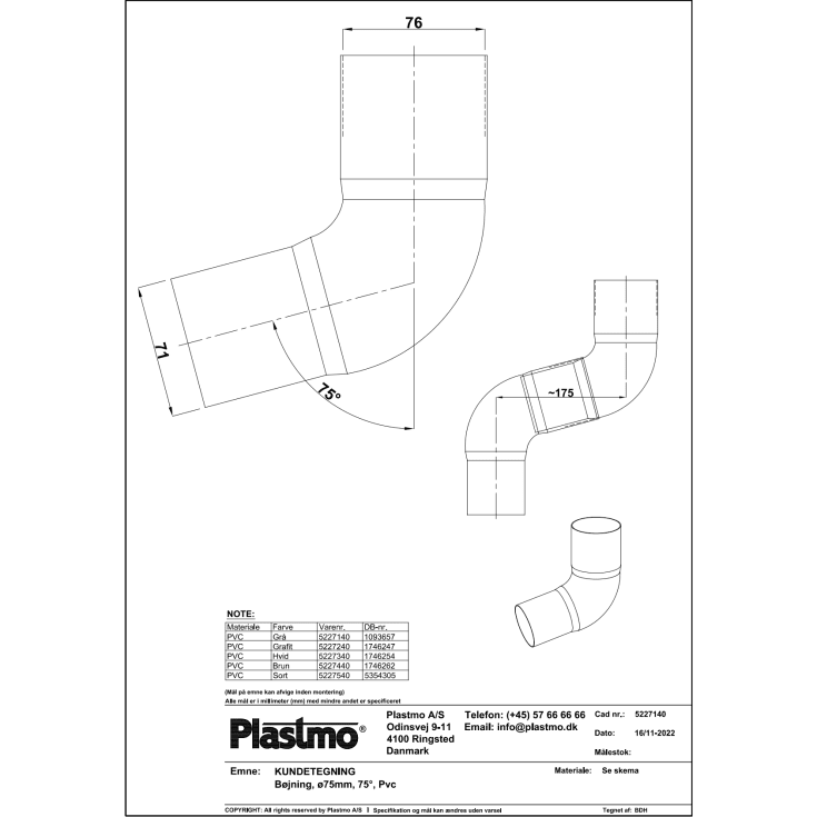 Plastmo bøjning 75 grader / 75 mm, sort