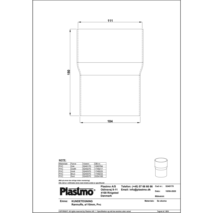 Plastmo rørsamlemuffe 110 mm, sort