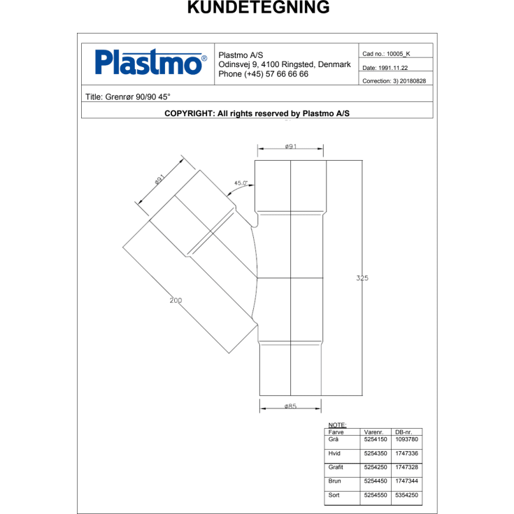 Plastmo grenrør 45 grader / 90 mm, grå