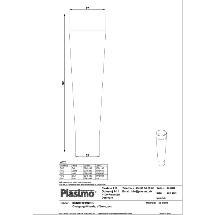 Plastmo overgang Ø75 mm til kæde i hvid