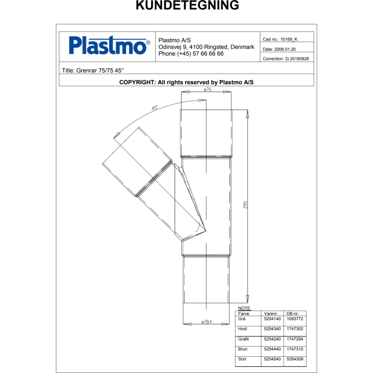 Plastmo 45° grenrør i sort med Ø75 mm nedløb
