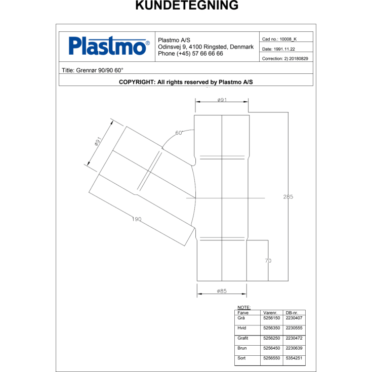 Plastmo 60° grenrør i sort med Ø90 mm nedløb