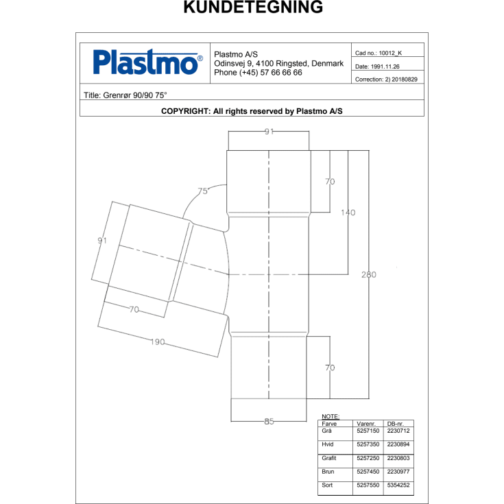 Plastmo grenrør 75 grader / 90 mm, sort