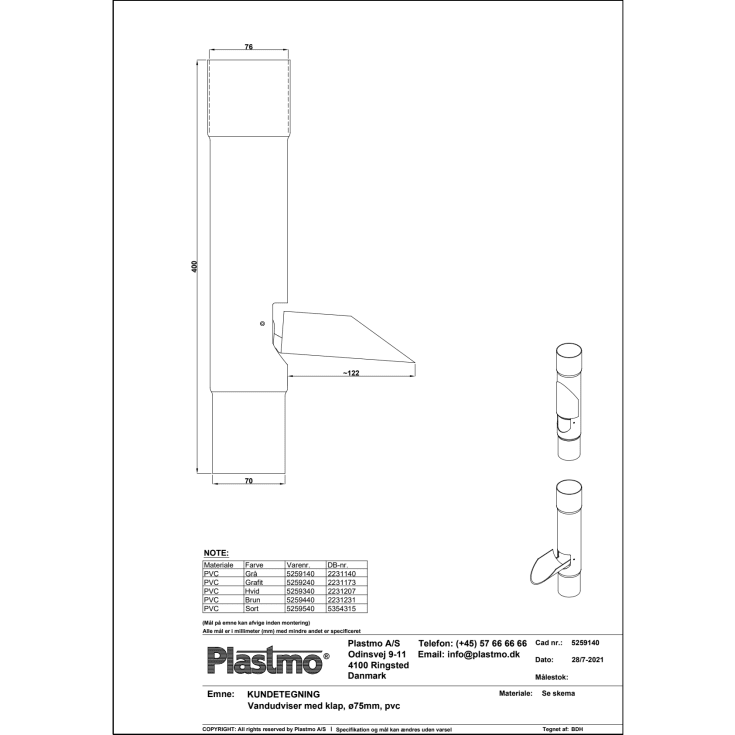 Plastmo vandudviser m/klap Ø 75 mm, hvid