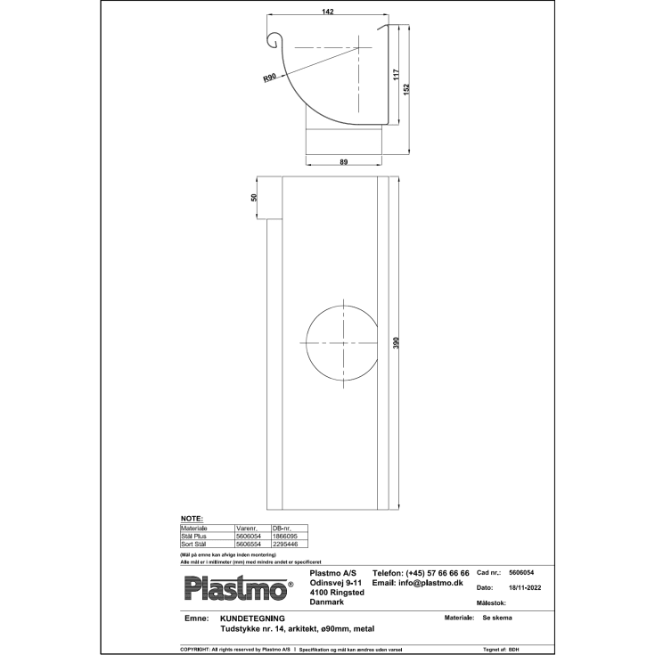 Plastmo arkitekt tudstykke nr. 14 / 90 mm, stål plus