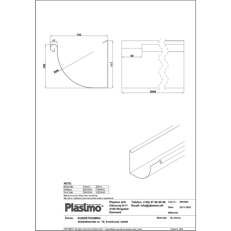 Plastmo arkitekt tagrende nr. 14 á 3 meter, stål plus