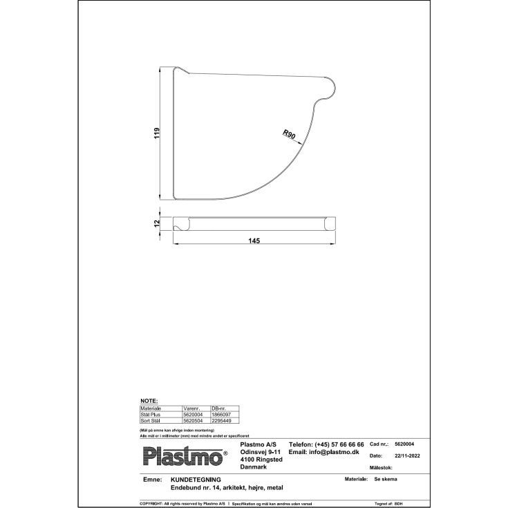 Plastmo arkitekt endebund nr. 14, højre, stål plus