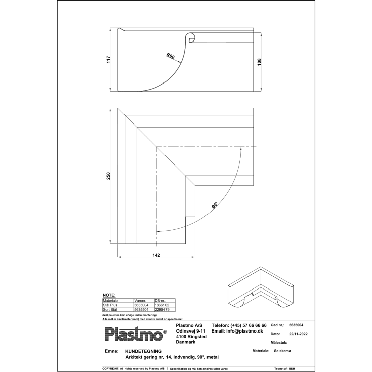 Plastmo arkitekt indvendig gering nr. 14 / 90 grader, stål plus