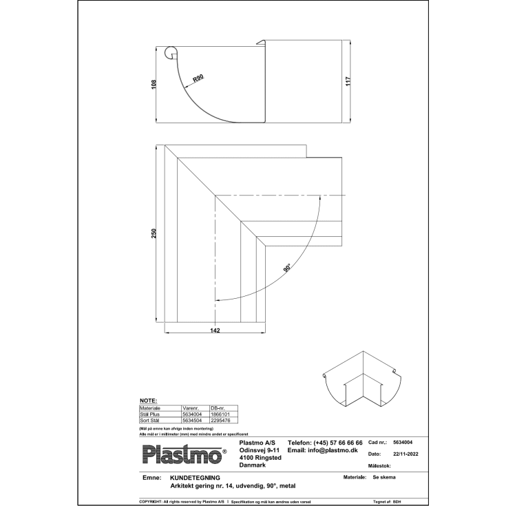 Plastmo arkitekt udvendig gering nr. 14 / 90 grader, stål plus