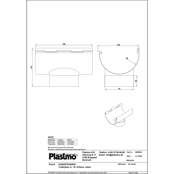 Plastmo tudstykke nr. 10 / Ø 75 mm, stål plus