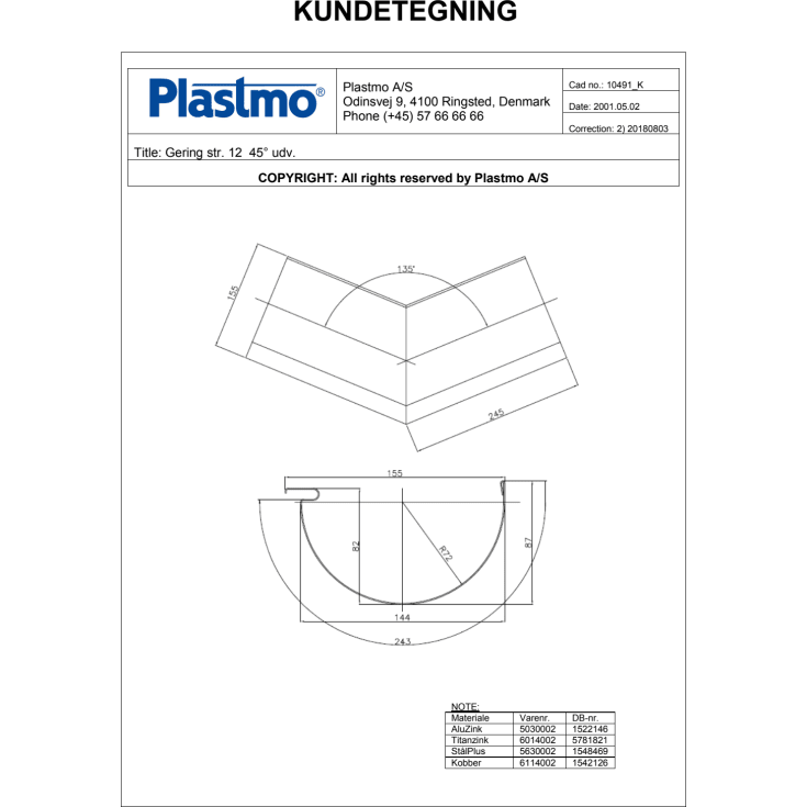 Plastmo udvendig gering nr. 12 / 135 grader, stål plus