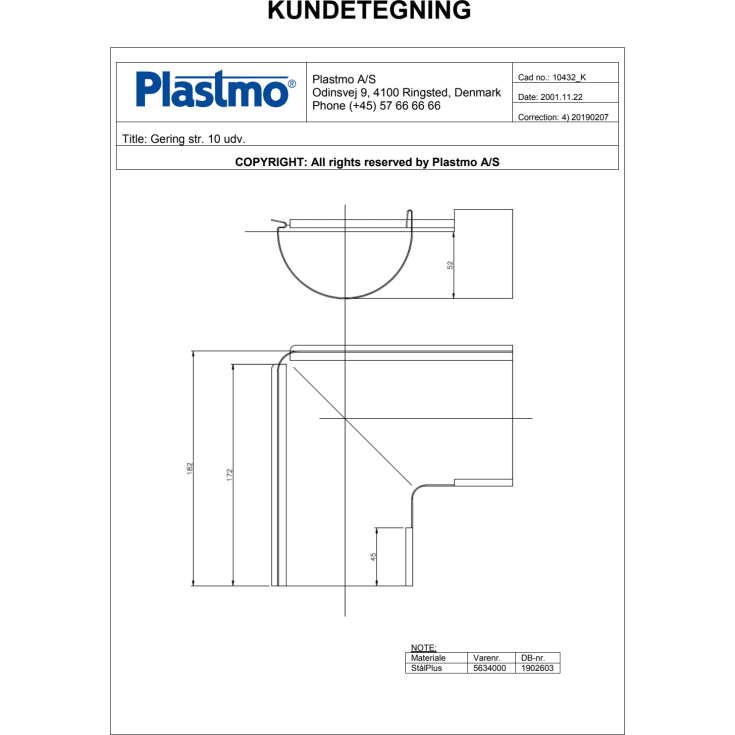 Plastmo udvendig gering nr. 10 / 90 grader, stål plus