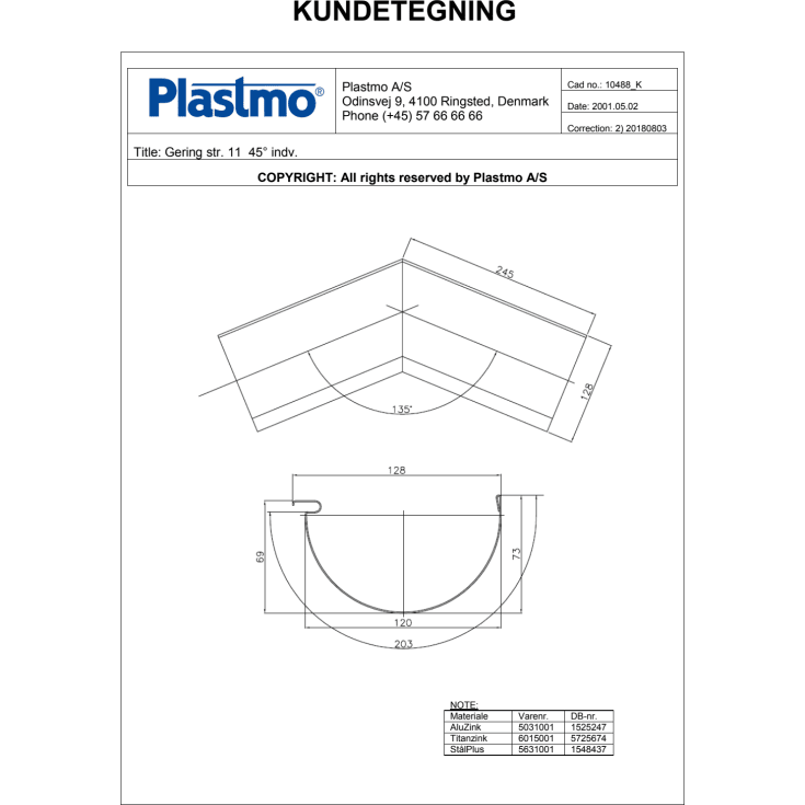Plastmo indvendig gering nr. 11 / 135 grader, stål plus