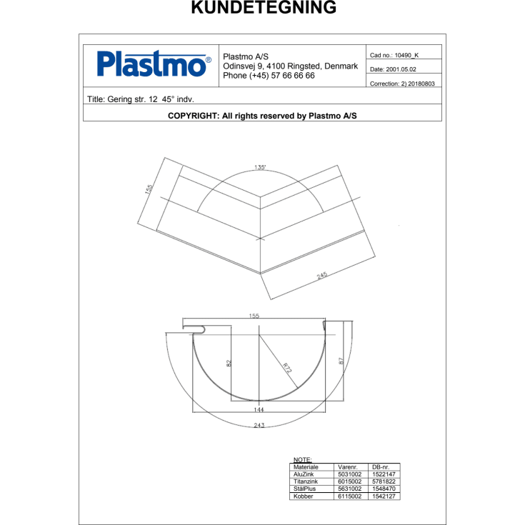 Plastmo indvendig gering nr. 12 / 135 grader, stål plus