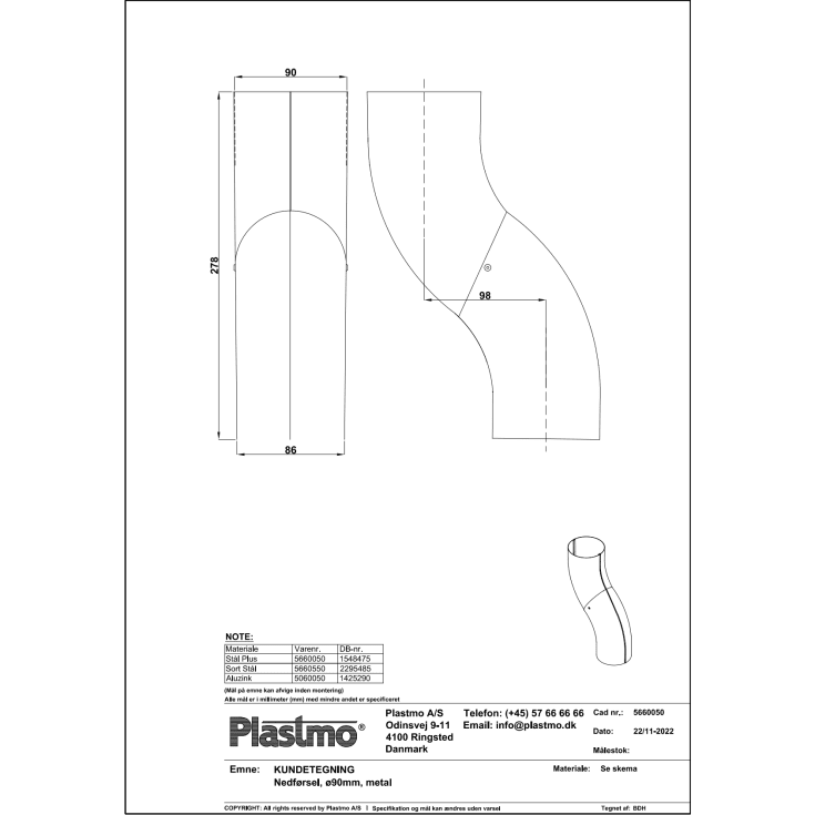Plastmo nedførsel Ø 90 mm, stål plus