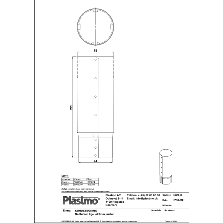 Plastmo lige Stål Plus lige nedførsel til Ø75 mm