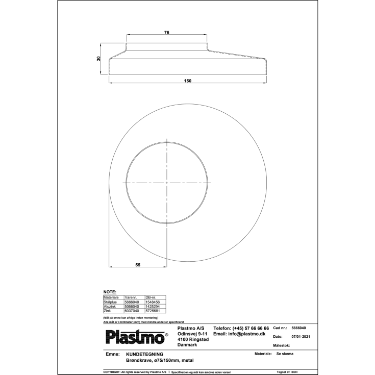 Plastmo Stål Plus brøndkrave med nedløb Ø75 x 150 mm