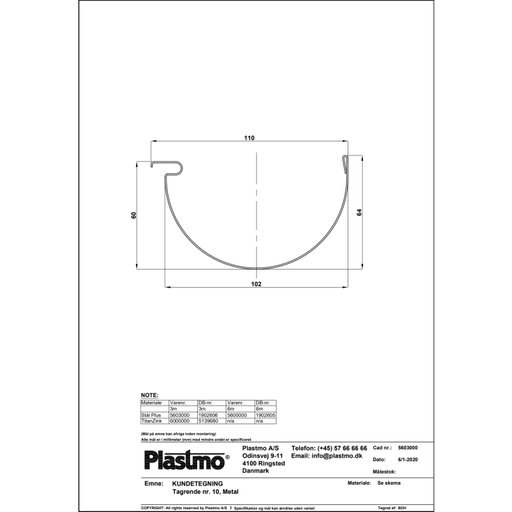Plastmo tagrende nr. 10 á 3 meter, zink