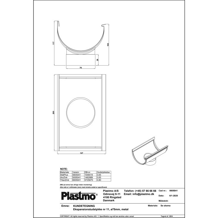 Plastmo ekspansionstudstykke nr. 11 / 75 mm, zink