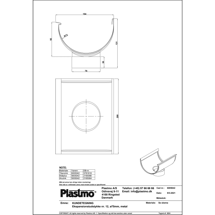 Plastmo ekspansionstudstykke nr. 12 / 75 mm, zink