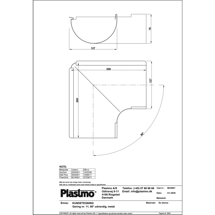 Plastmo udvendig gering nr 11 / 90 grader, zink