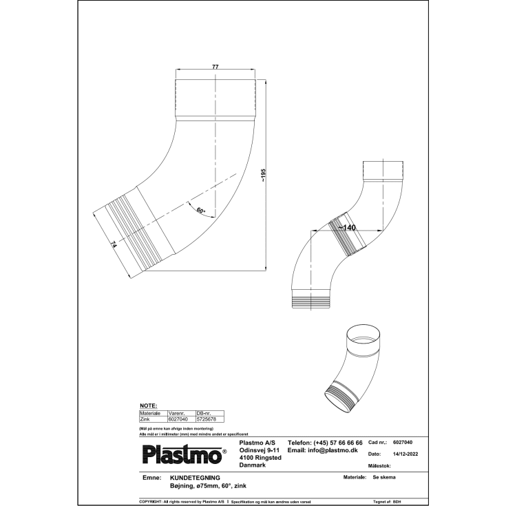 Plastmo bøjning 60 grader / 75 mm, zink