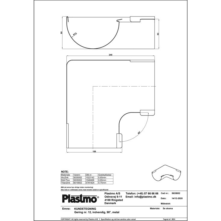 Plastmo indvendig gering nr. 12 / 90 grader, zink