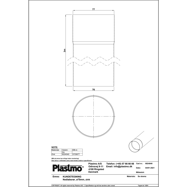 Plastmo nedløbsrør 75 x 3000 mm, zink