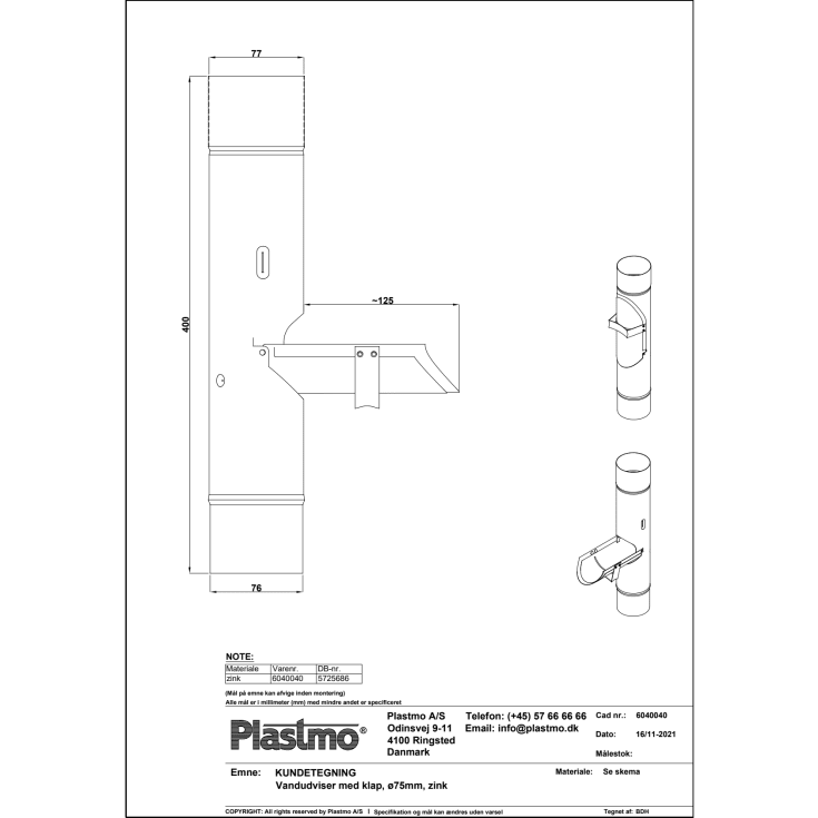 Plastmo vandudviser m/klap 75 mm, zink