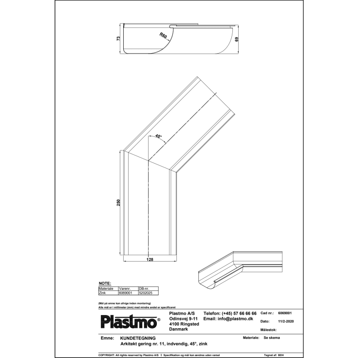 Plastmo arkitekt indvendig gering nr. 11 / 45 grader, zink