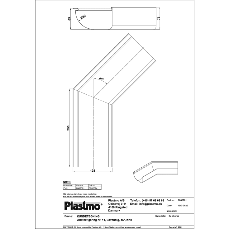 Plastmo arkitekt udvendig gering nr. 11 / 45 grader, zink
