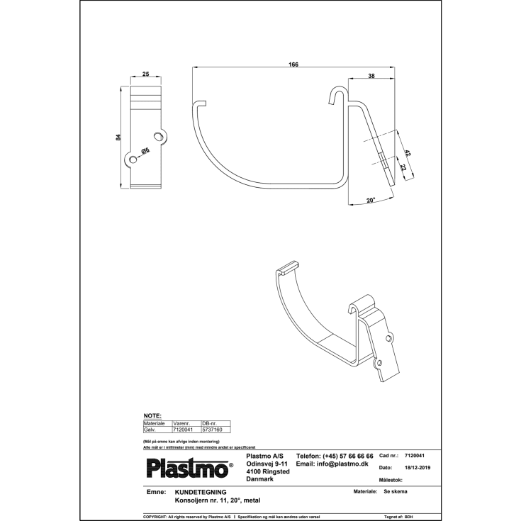 Plastmo konsoljern nr. 11, 20 grader, galvaniseret