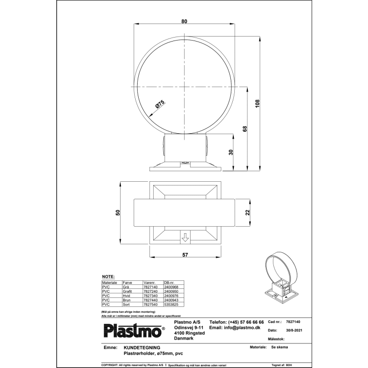 Plastmo plastrørholder 75 mm, grå
