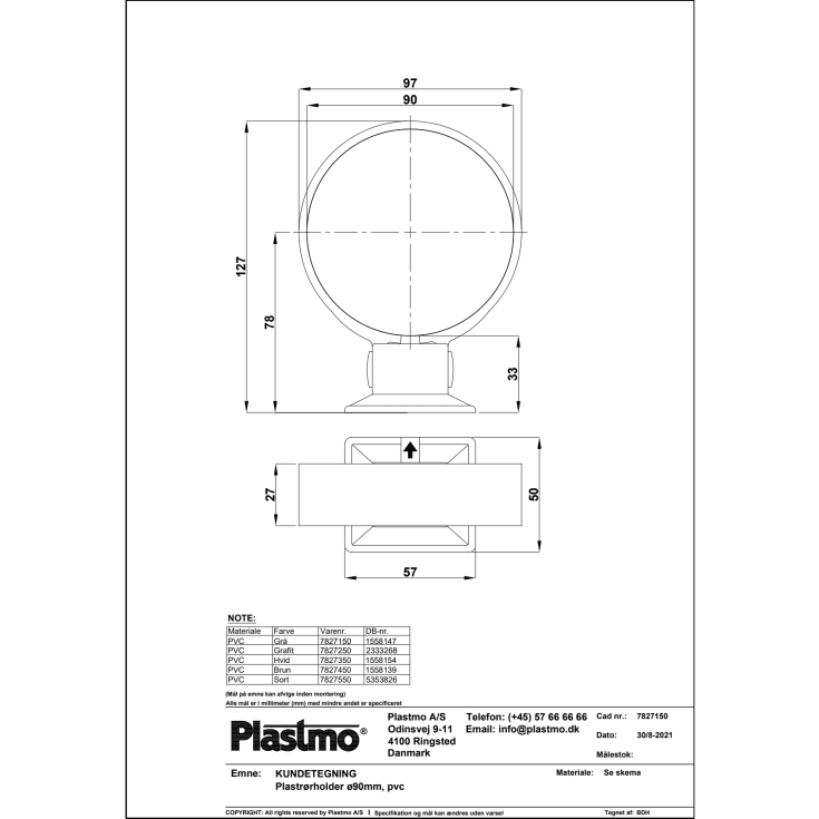Plastmo rørholder Ø90 mm i hvid - 2 stk.
