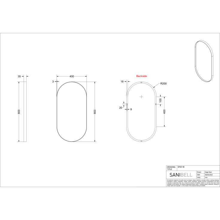 Sanibell Ink SP20 spejl, hvid, 40x80 cm