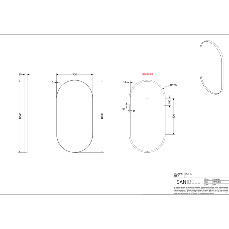 Sanibell Ink SP20 spejl, hvid, 50x100 cm