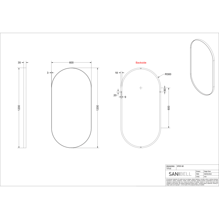 Sanibell Ink SP20 spejl, sort, 60x120 cm