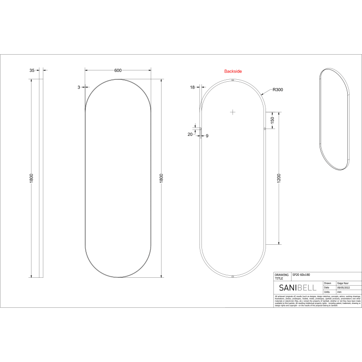 Sanibell Ink SP20 spejl, 60x180 cm, børstet mat guld