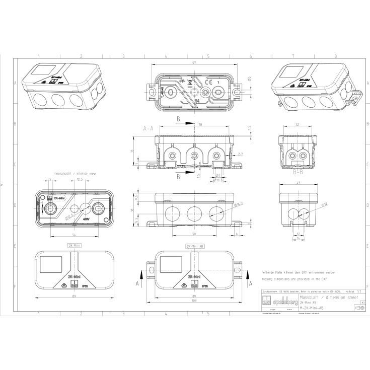 Membrandåse 2K-Mini-L/SW, sort, uden klemmer, 43 x 89 x 38 mm