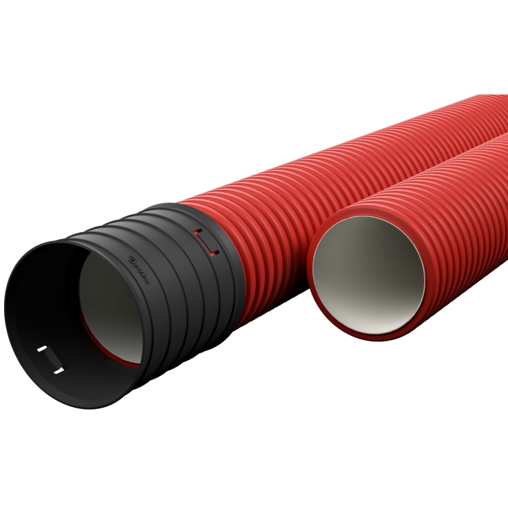 6 meter EVOCAB HARD 110/94 mm PE-kabelrør m/muffe, korr./glat, 6 m, rød