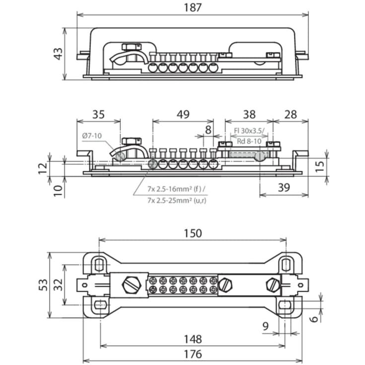 Desitek PAS 9AK potentialudligningsskinne, MS, 7x2,5-25 mm²
