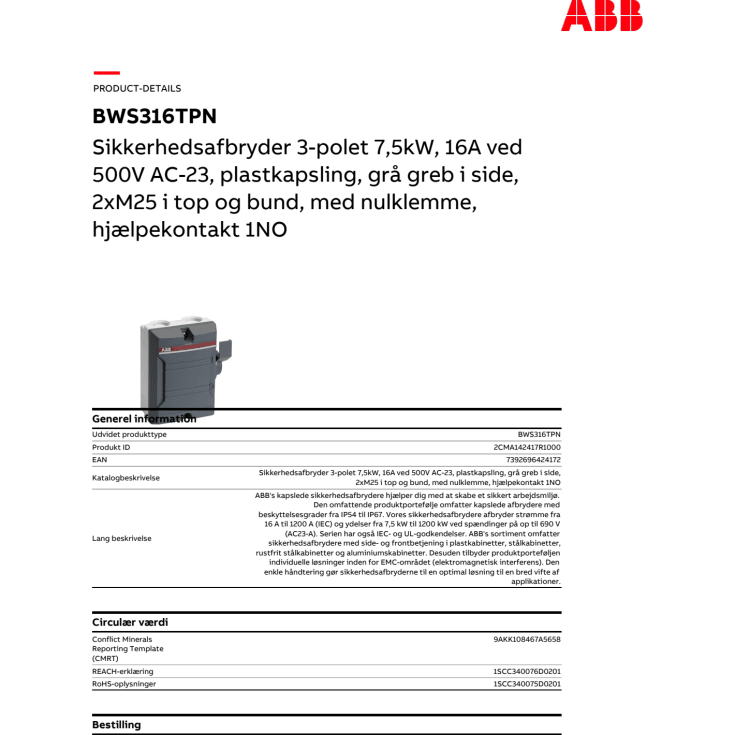 ABB BWS sikkerhedsafbryder, 3P, 1NO, 16A