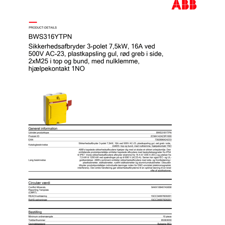 ABB BWS sikkerhedsafbryder 3P, 1NO, 16A