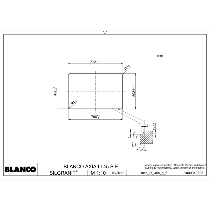 Blanco Axia III 45S-F MXI diskbänk, 77x50 cm, grå