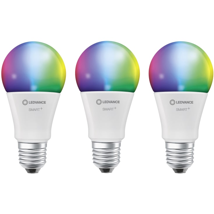 Ledvance Smart+ Wifi E27 standardpære, fargeskift + justerbar hvit, 9W, 3-pak