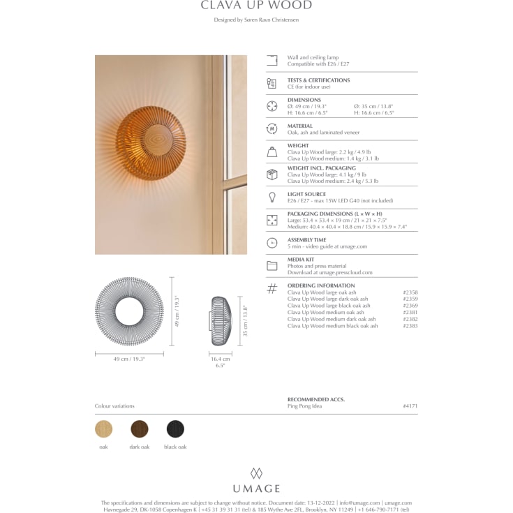 Umage Clava Up Wood vegglampe, lyst tre, Ø35 cm