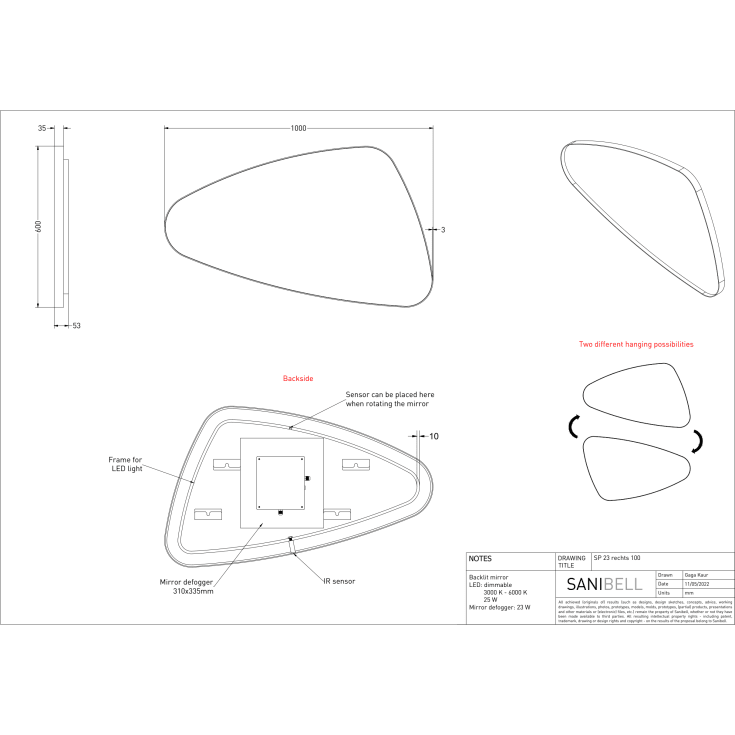 Sanibell Ink SP23 spejl med lys, dæmpbar, dugfri, højre, sort, 100x60 cm